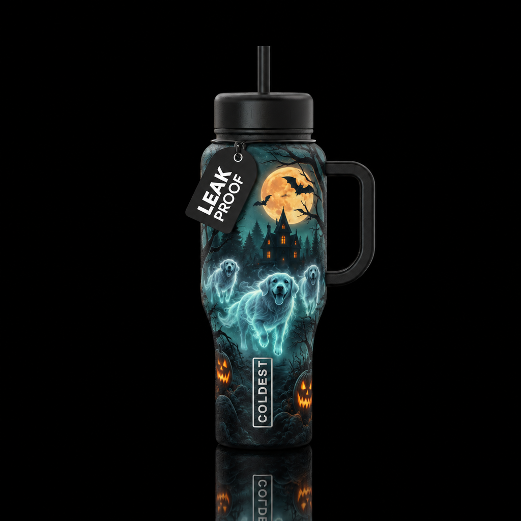 Haunted forest ghost dogs bats scary water bottle design