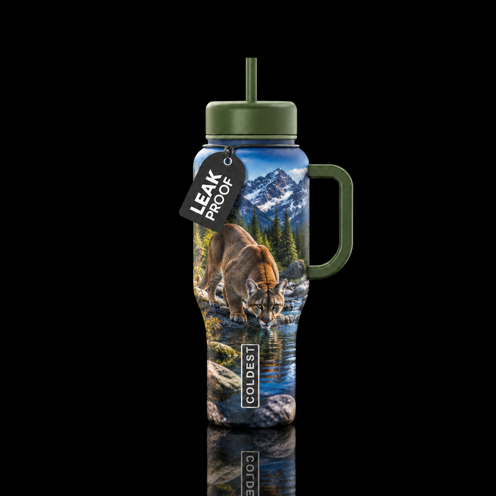 Bobcat, wolf, bear, mountain lion by a stream, mou... water bottle design