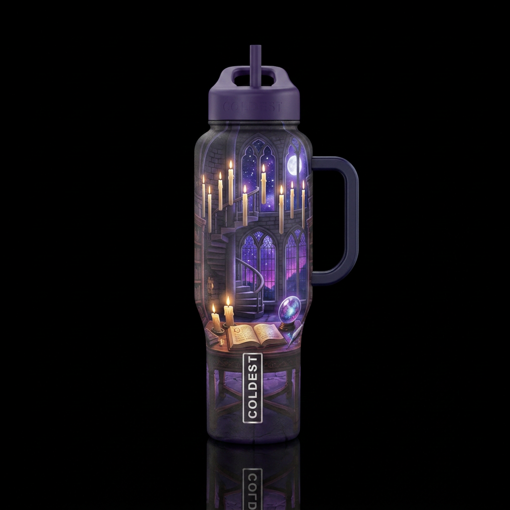 A wizards library water bottle design