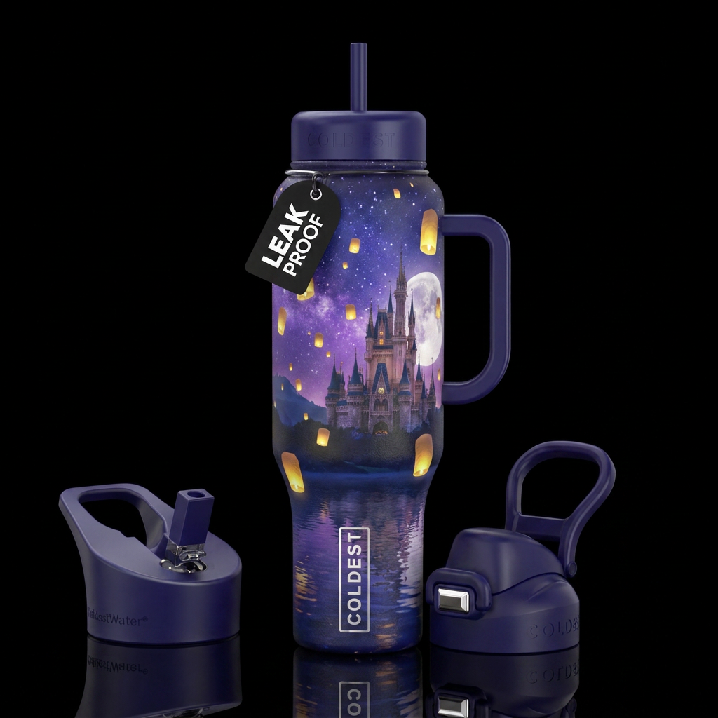 A castle at night water bottle design