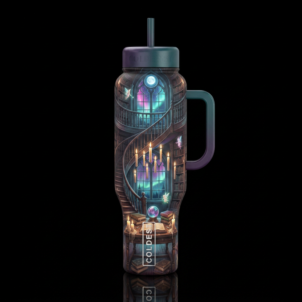 A magical library with a spiral staircase ascendin... water bottle design
