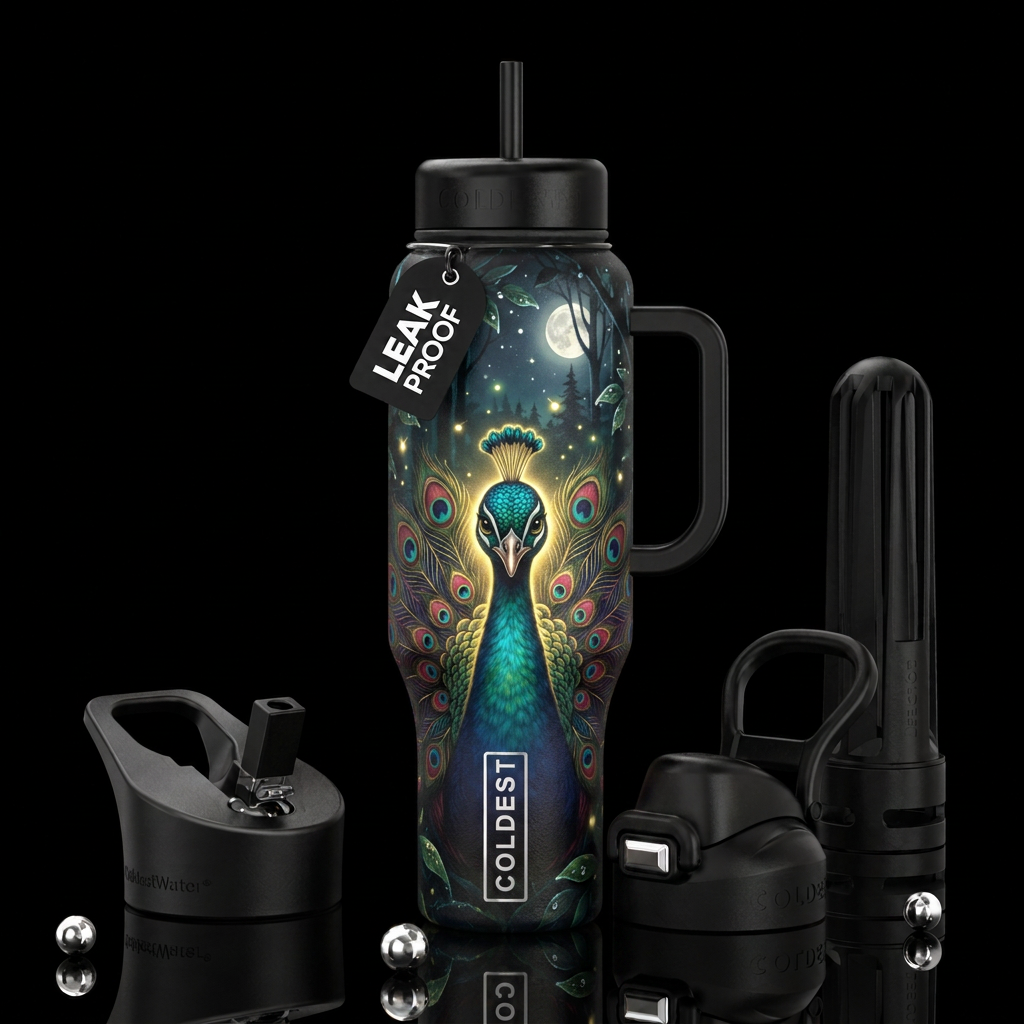 Magical peacock water bottle design
