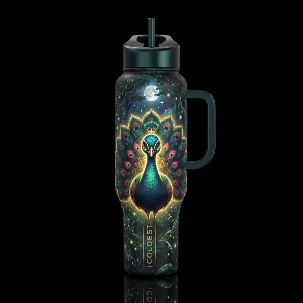 A plump peacock as a spirit animal, clearly a gold... water bottle design