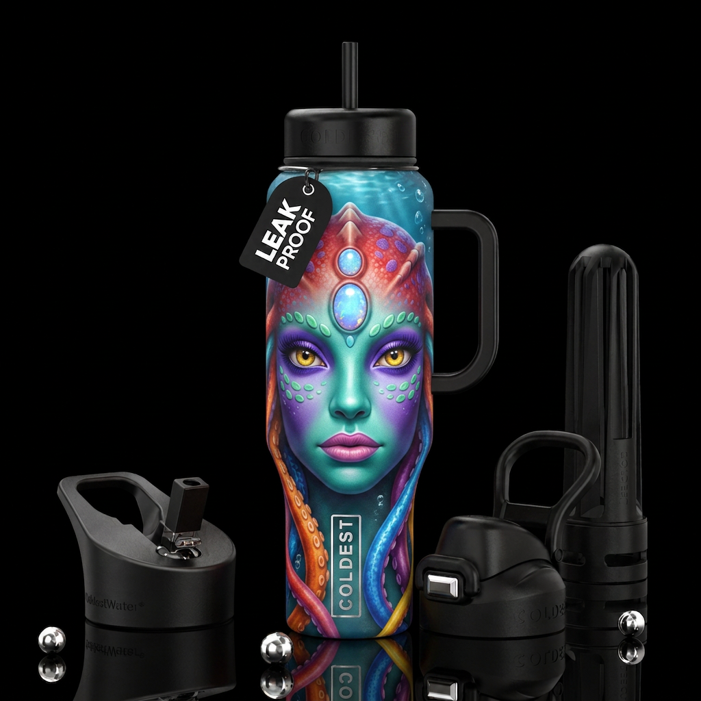 Alien octopus woman water bottle design