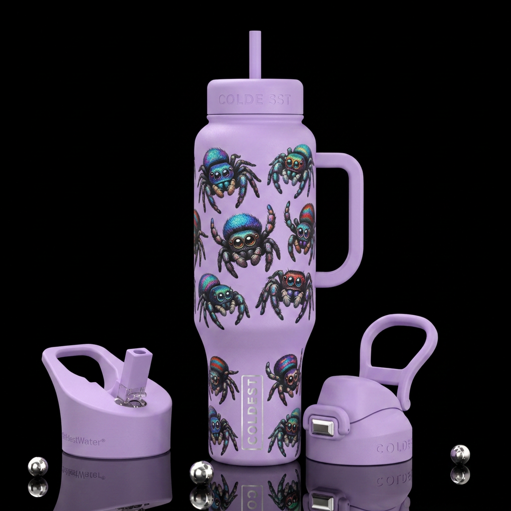 Cartoon drawing of adorable Salticidaes (jumping s... water bottle design
