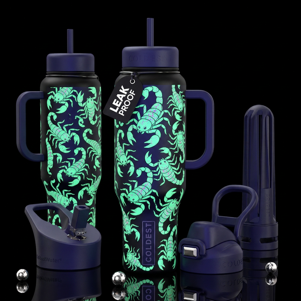 Cartoon drawing of scorpions glowing under UV ligh... water bottle design