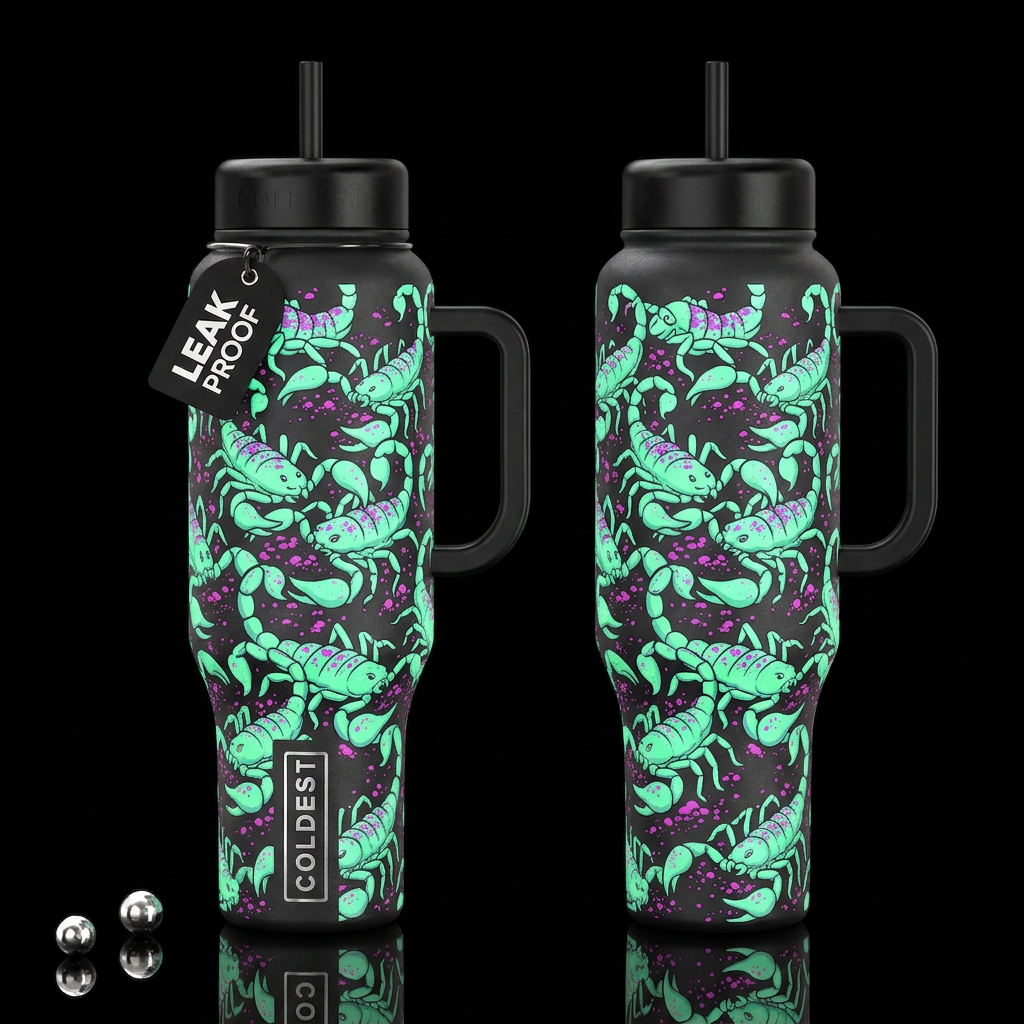 Cartoon drawing of scorpions glowing under UV ligh... water bottle design