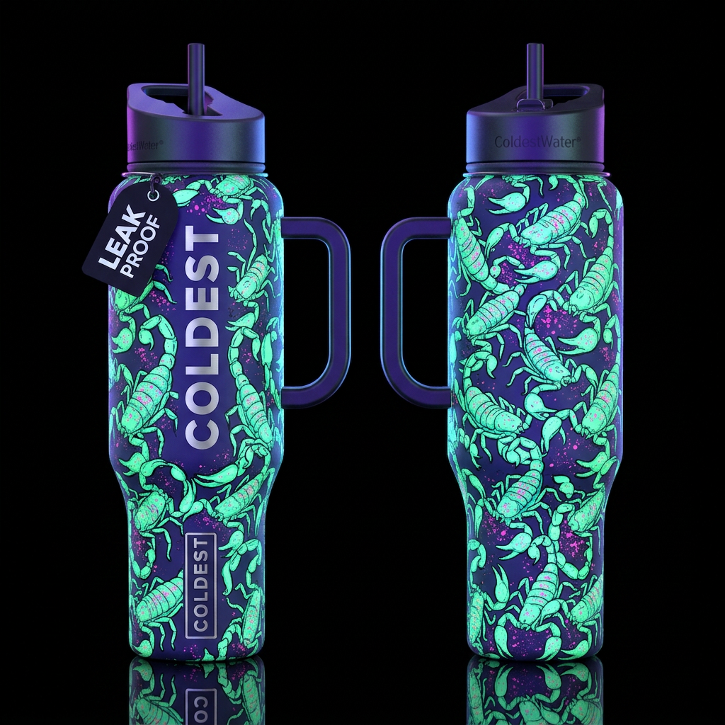 Cartoon drawing of scorpions glowing under UV ligh... water bottle design