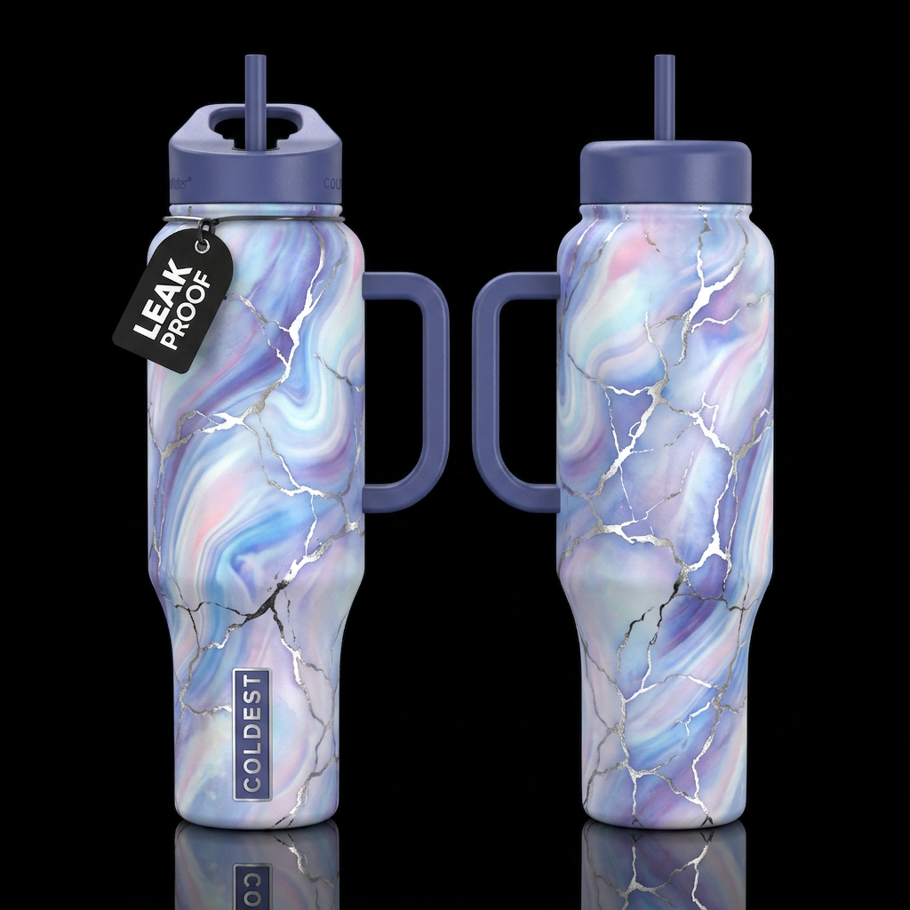 A moonstone bottle with iridescent swirls of milky... water bottle design