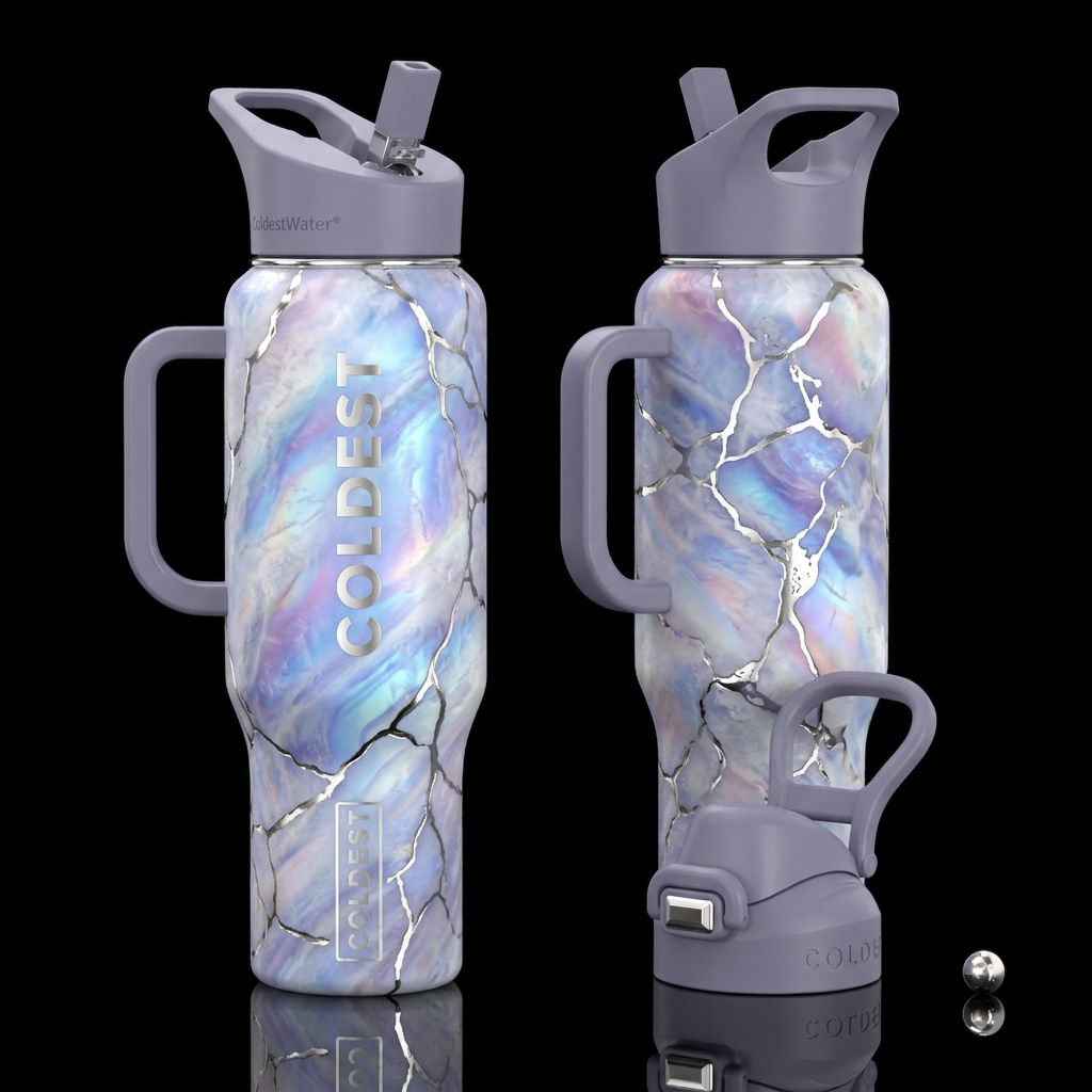 A moonstone bottle with iridescent swirls of milky... water bottle design