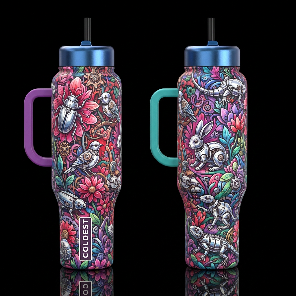 A mechanical steam punk garden in bright pinks, re... water bottle design