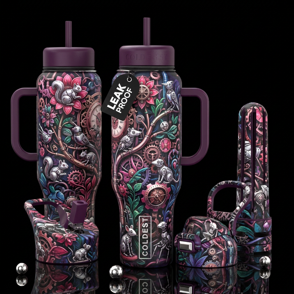 A mechanical steam punk garden in bright pinks, re... water bottle design