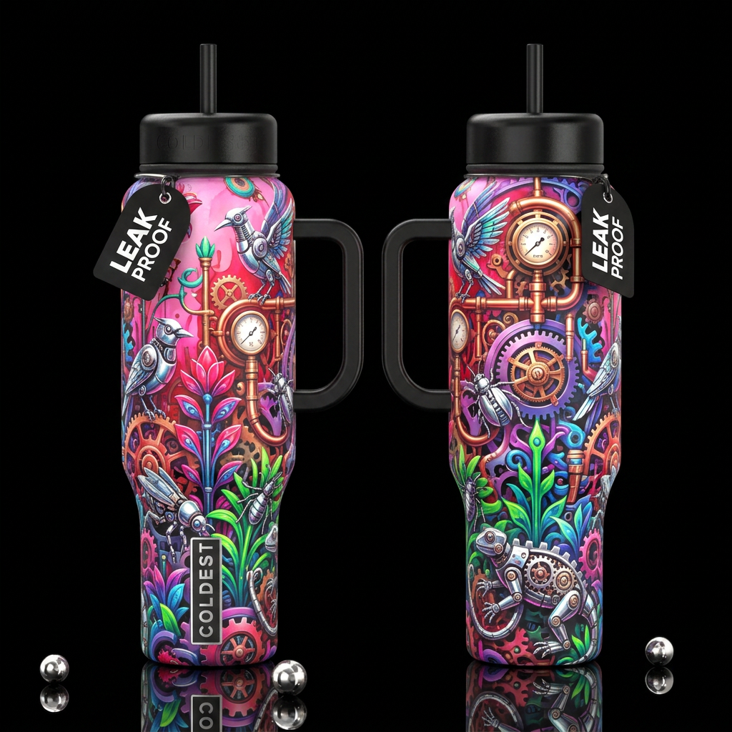 A mechanical steam punk garden in bright pinks, re... water bottle design