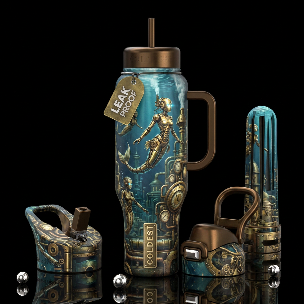 Robot mermaids, very metallic and shiny swimming i... water bottle design