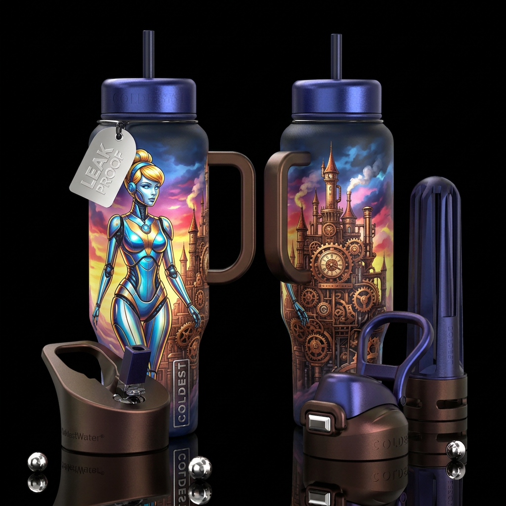 Draw a beautiful vibrantly colored Cinderella as a... water bottle design