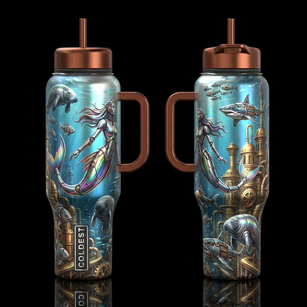 Draw several beautiful robot mermaids, very metall... water bottle design