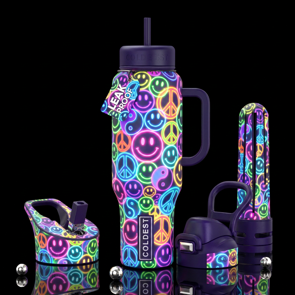 Glowing neon smily faces, peace signs and yin yang... water bottle design