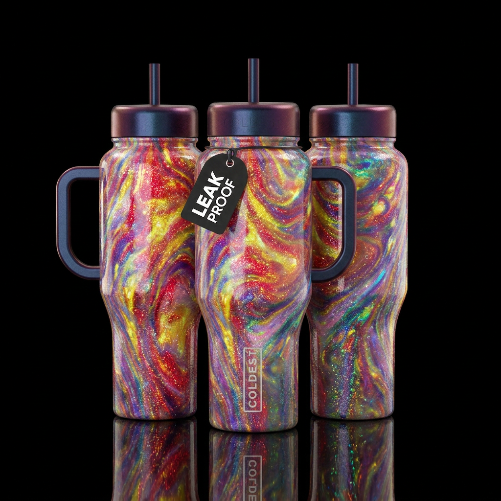 A fire opal bottle with iridescent swirls of vibra... water bottle design