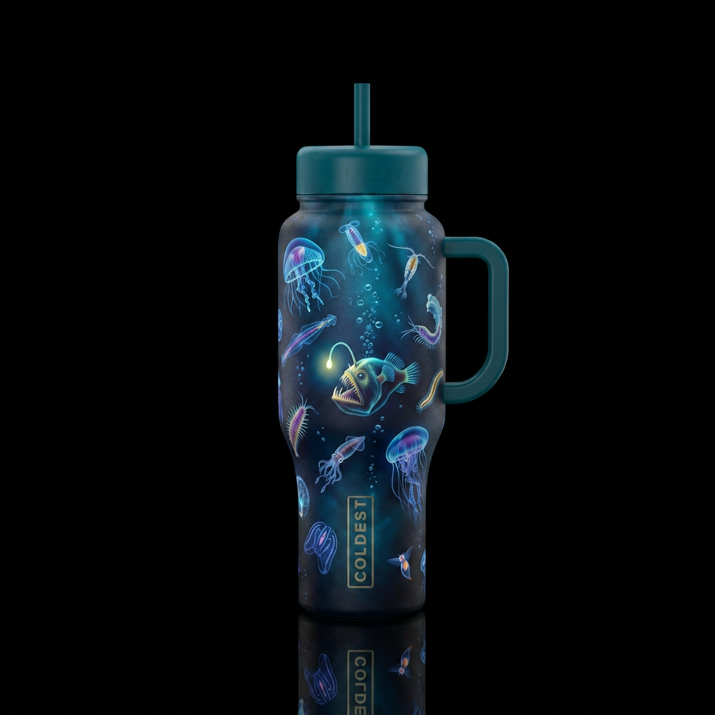 Draw bioluminescent organisms swimming in the deep... water bottle design