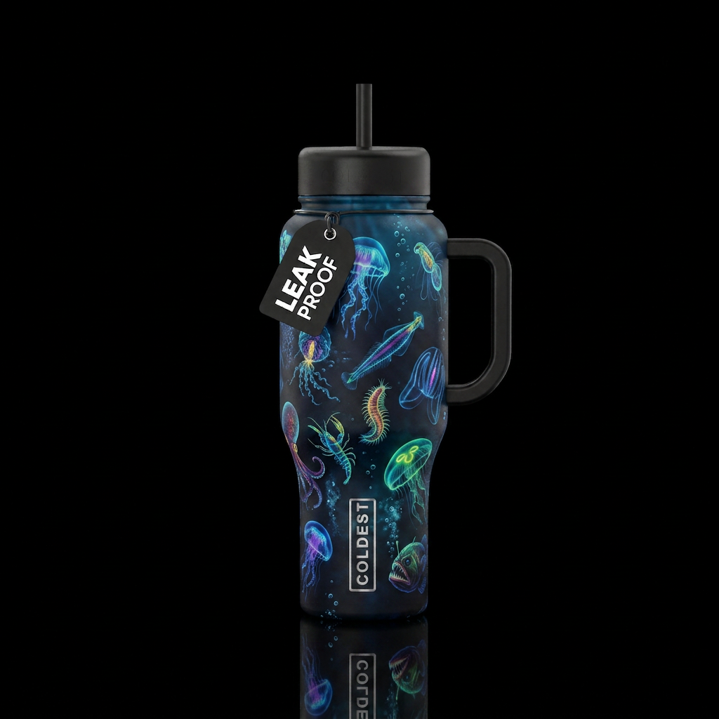 Draw bioluminescent organisms swimming in the deep... water bottle design