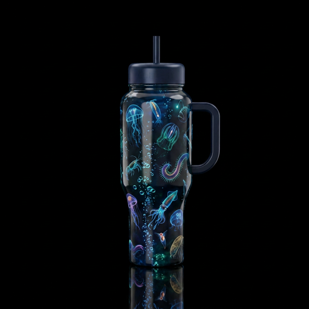 Draw bioluminescent organisms swimming in the deep... water bottle design