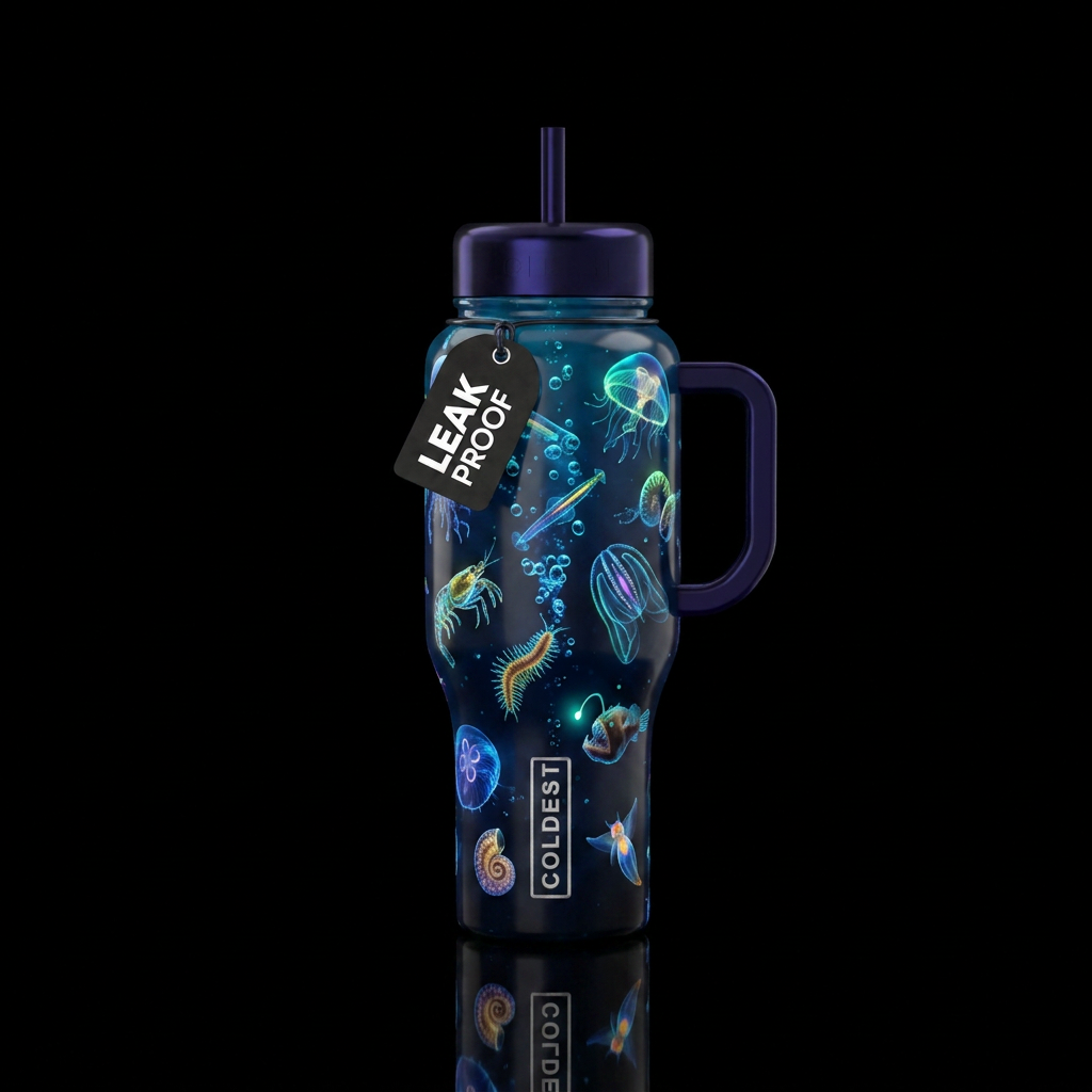 Draw bioluminescent organisms swimming in the deep... water bottle design