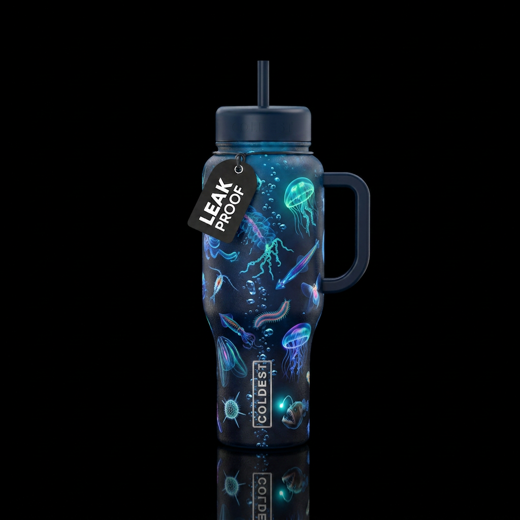 Draw bioluminescent organisms swimming in the deep... water bottle design