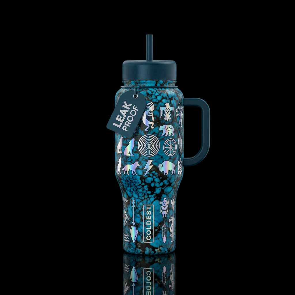 Draw Native American symbols like the Kokopelli, C... water bottle design