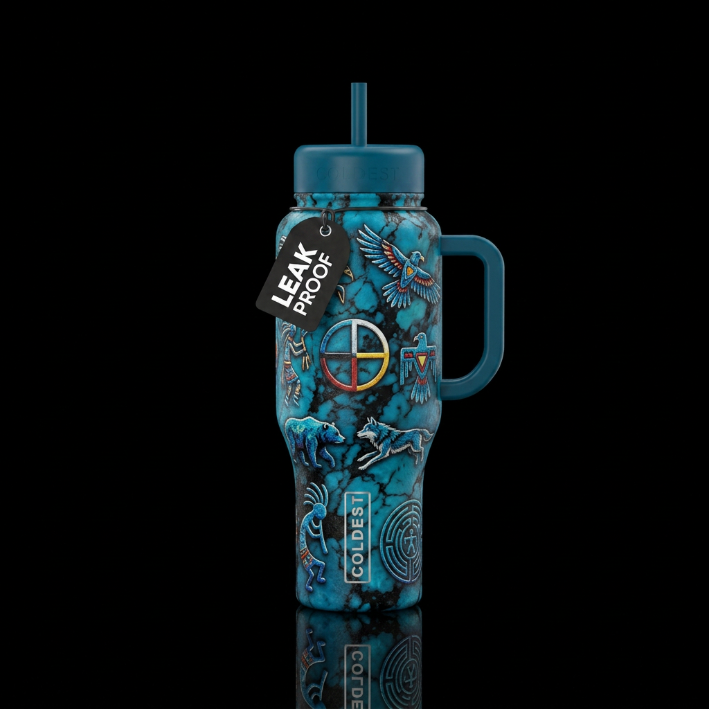Draw Native American symbols like the Kokopelli, C... water bottle design