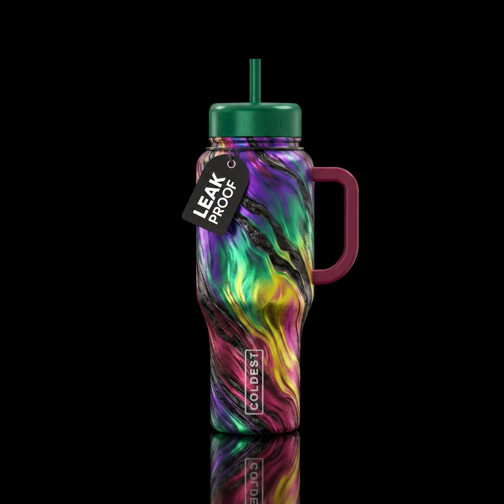 Gradients of neon colors purple to green, yellow a... water bottle design