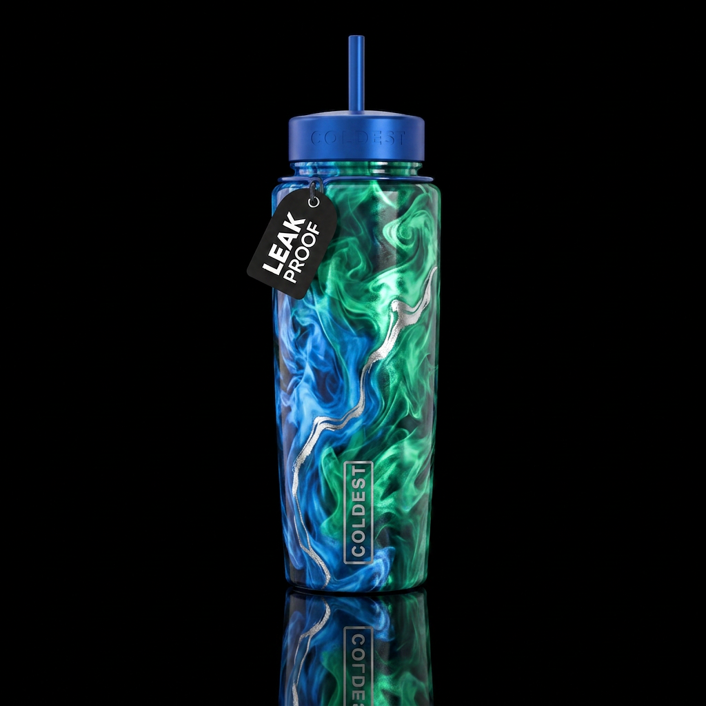 Bright blue sapphire and brilliant green emerald  ... water bottle design
