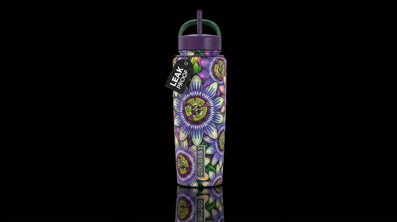 Cartoon passion flowers in all of their colors ove... water bottle design