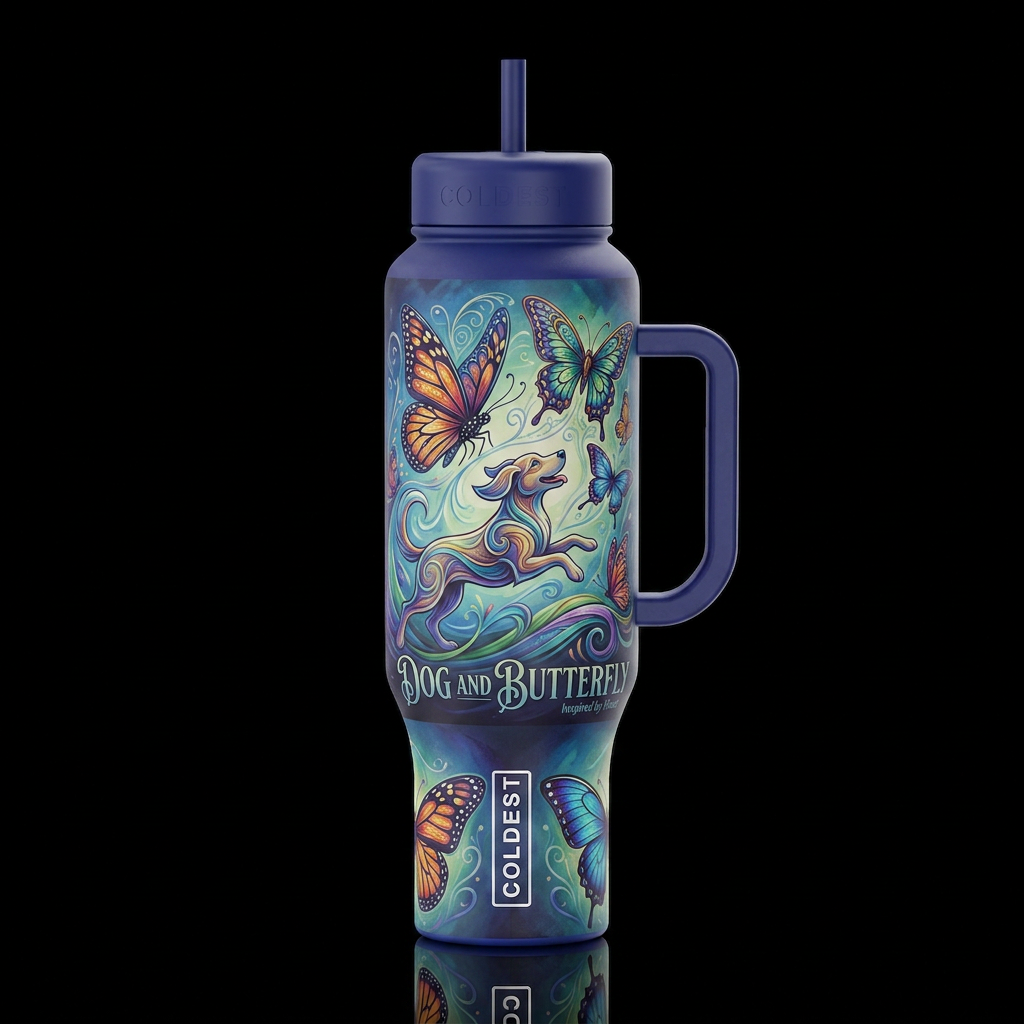 Dog and Butterfly water bottle design