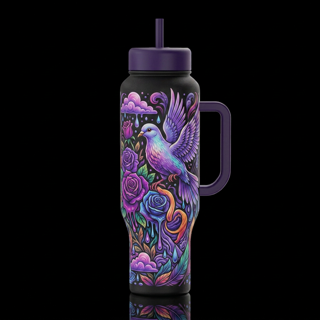 Purple Rain Dove water bottle design
