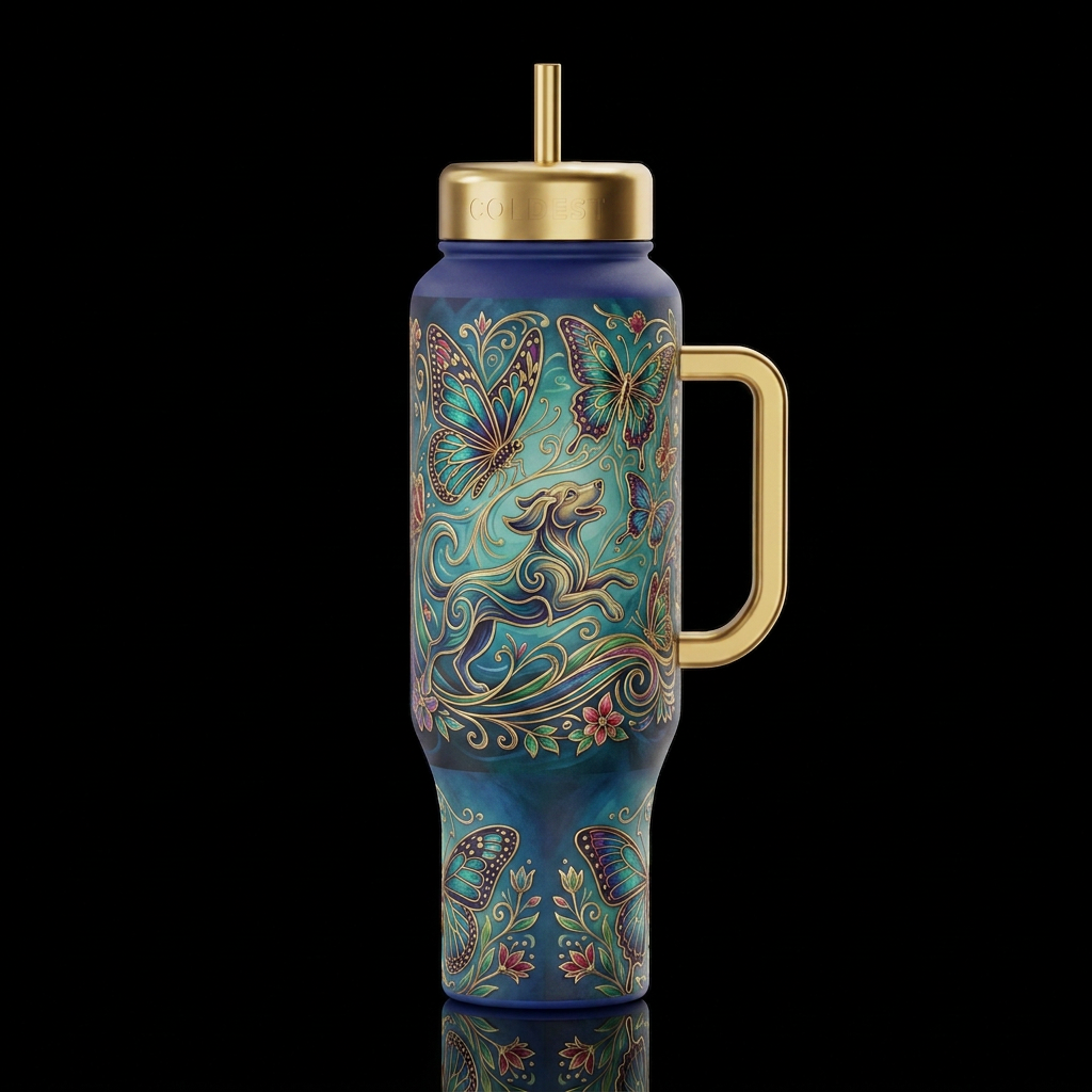 Dog and Butterfly water bottle design