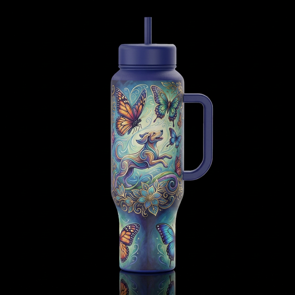 Dog and Butterfly water bottle design
