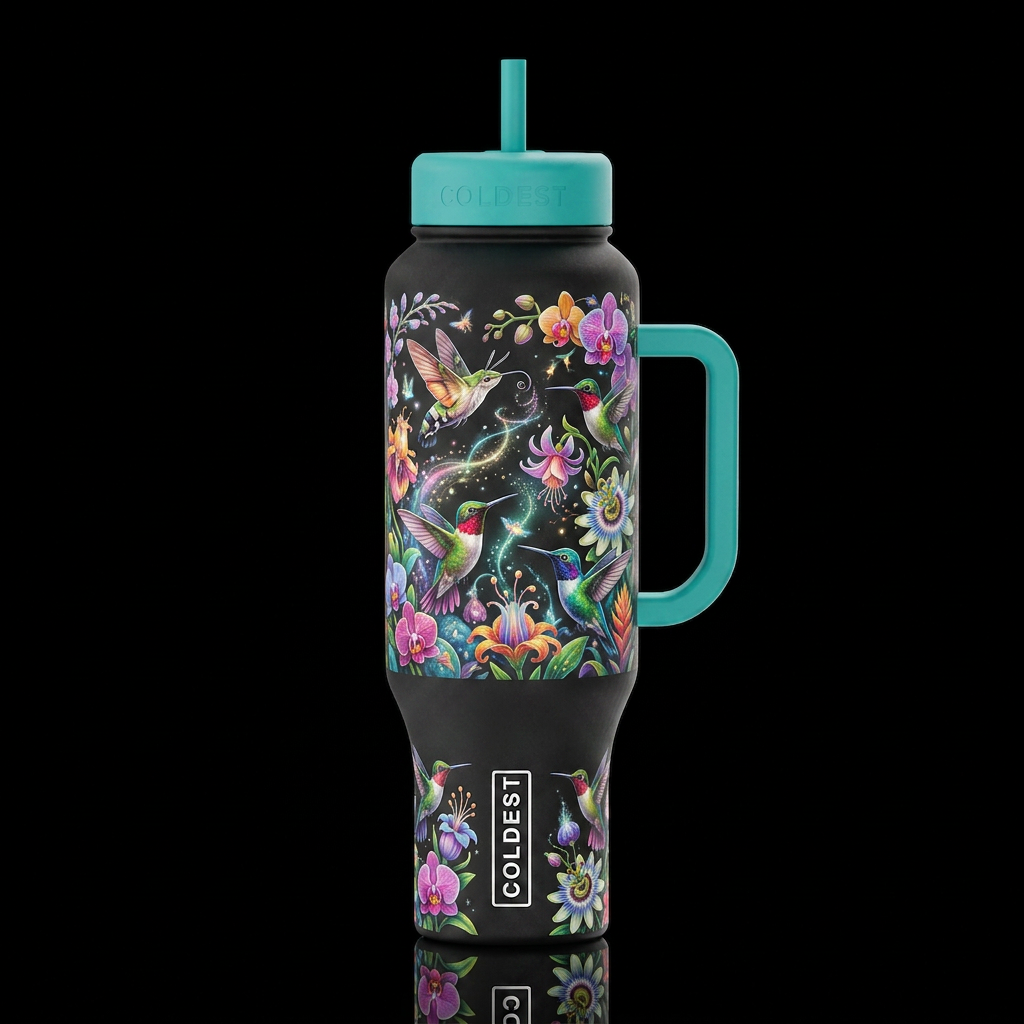 Draw several brightly colored Macroglossum stellat... water bottle design