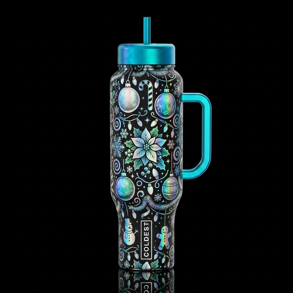 Add some holographic candy canes, snowmen and ging... water bottle design