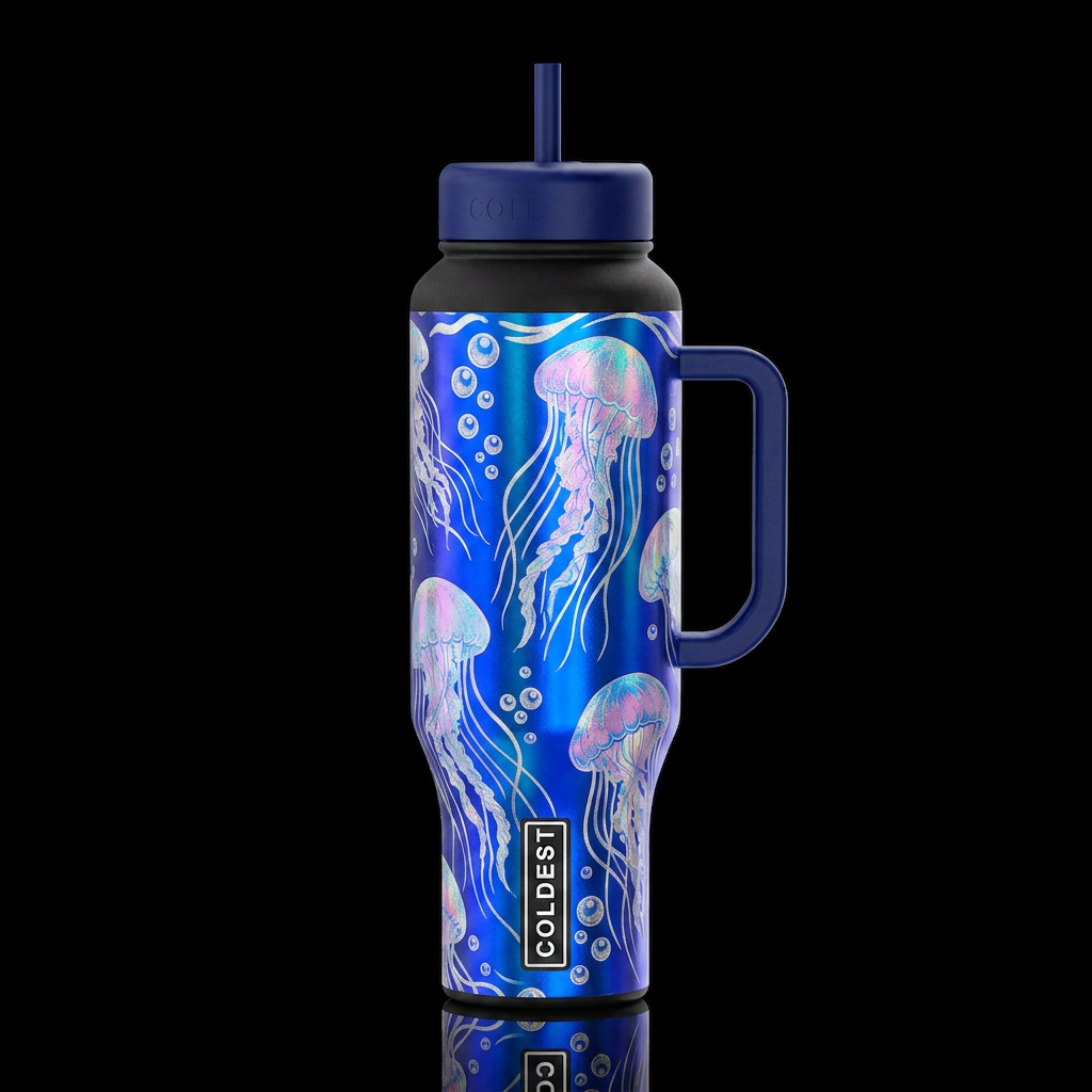 Holographic moonlight pink and blue jellyfish floa... water bottle design