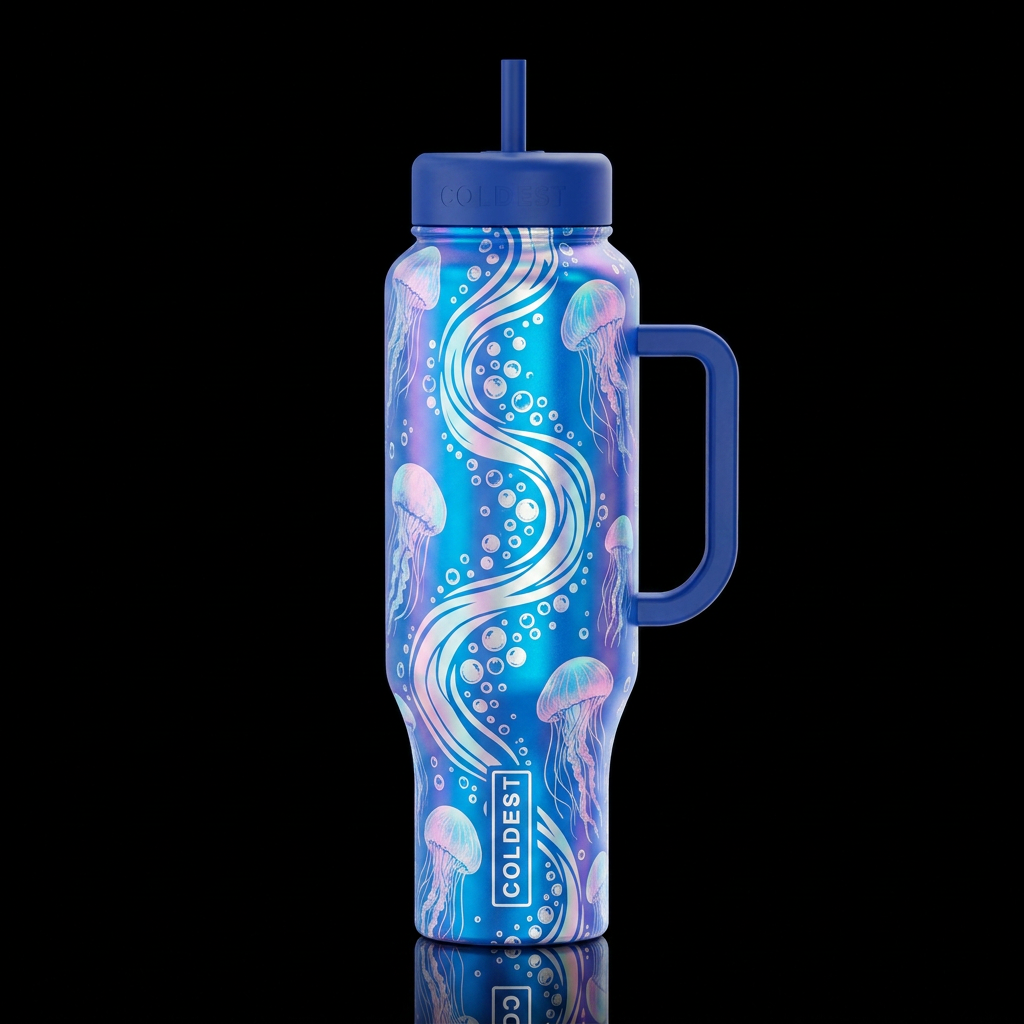 Holographic moonlight pink and blue jellyfish floa... water bottle design