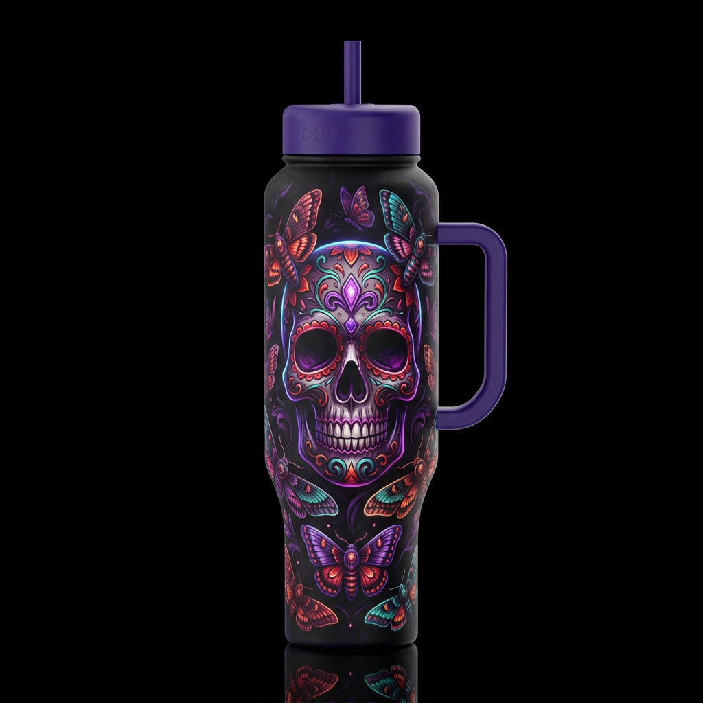 Sugar skull and Moths water bottle design