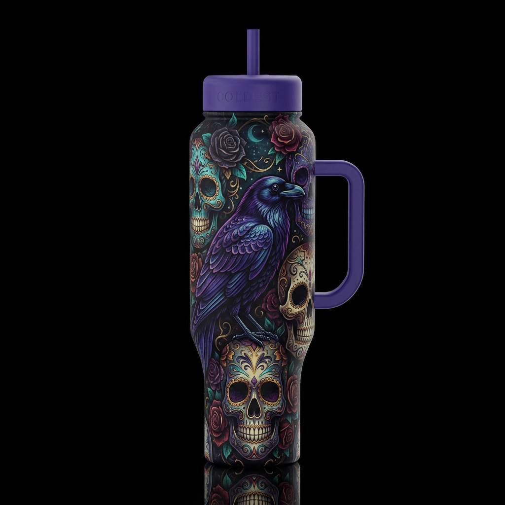 Sugar skull Raven water bottle design