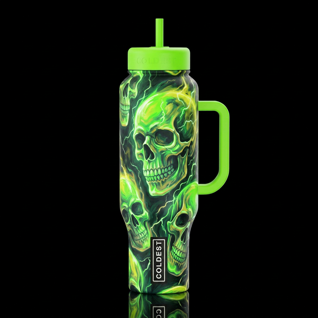 Toxic Green Floaty Skulls water bottle design