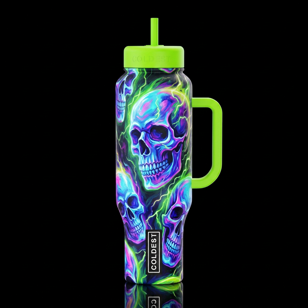 Toxic Green Floaty Skulls water bottle design