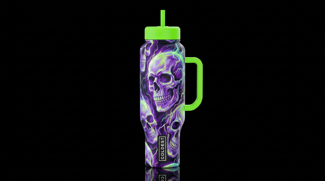 Floaty Skulls green water bottle design