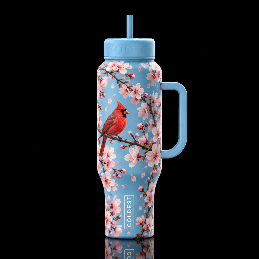 Cardinal in Cherry Blossom tree water bottle design