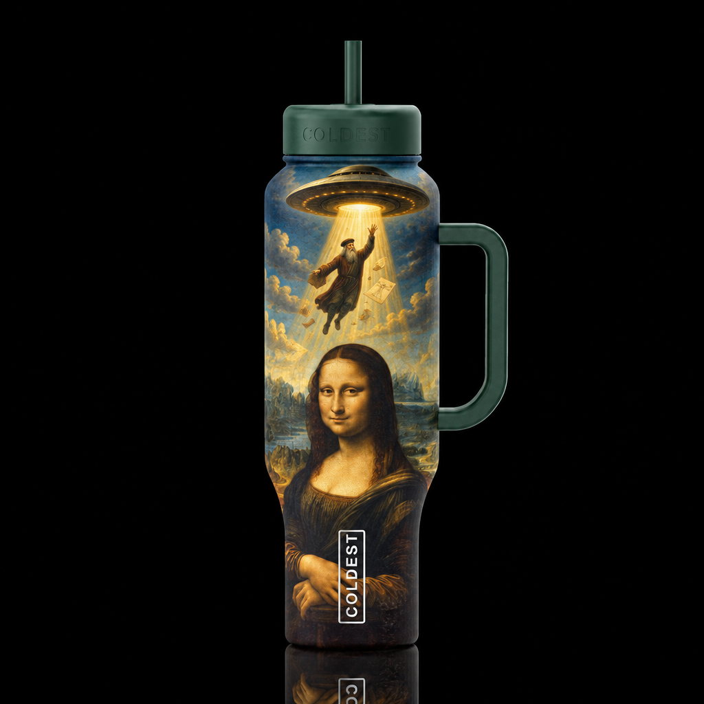 Now We Know Why Mona Smiles water bottle design