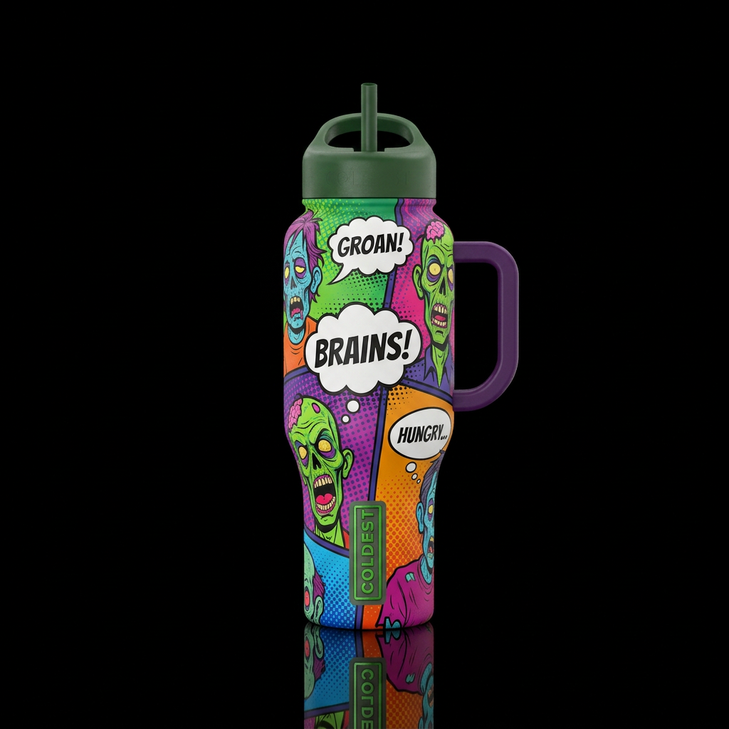 Pop art zombie with comic like bubble thoughts wit... water bottle design