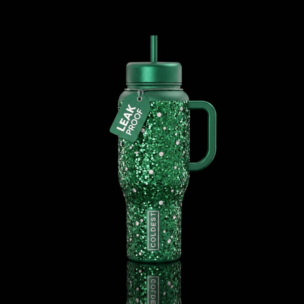 Green like emeralds chunky glitter with diamonds water bottle design