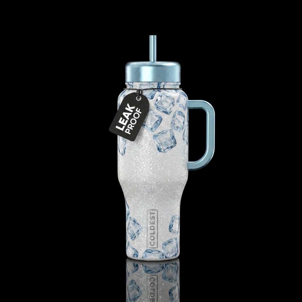 A white glitter base bottle with icecubes adorning... water bottle design